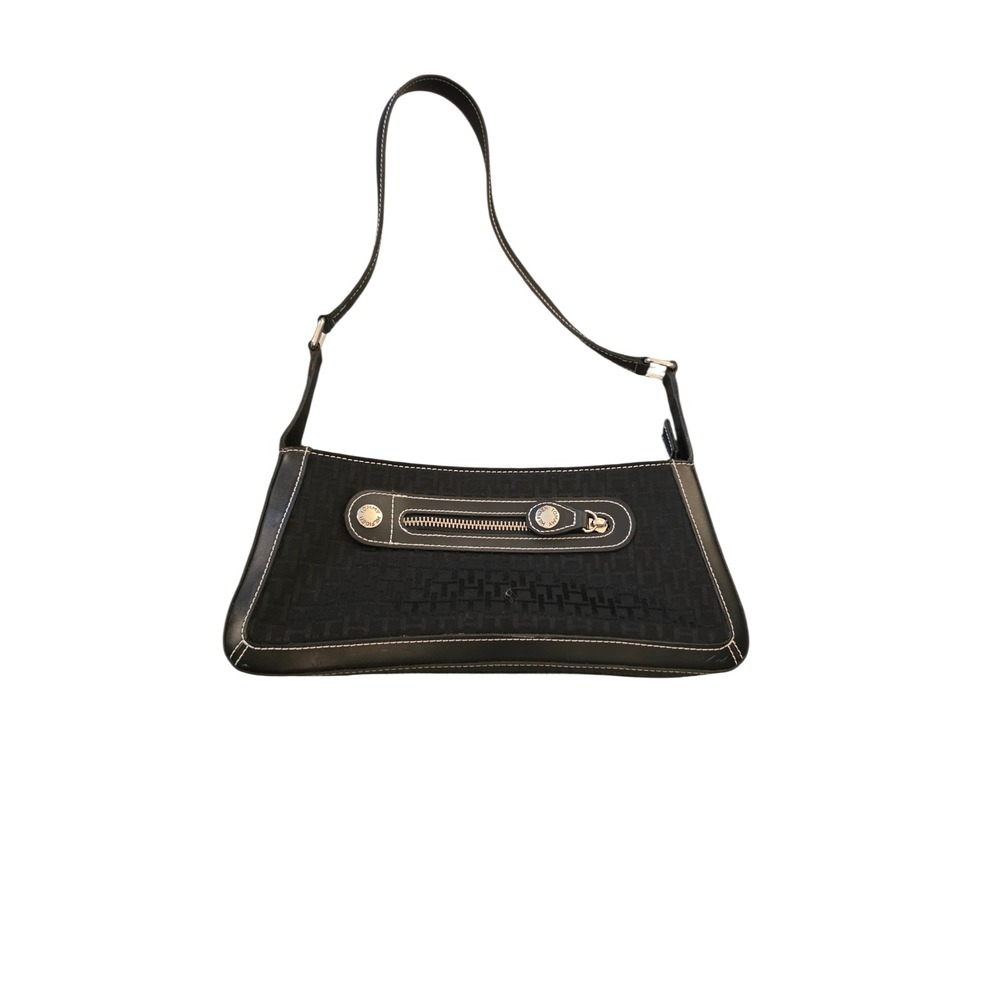Vintage Tommy Hilfiger Black Monogram Baguette Shoulder Bag 90s Academia Style